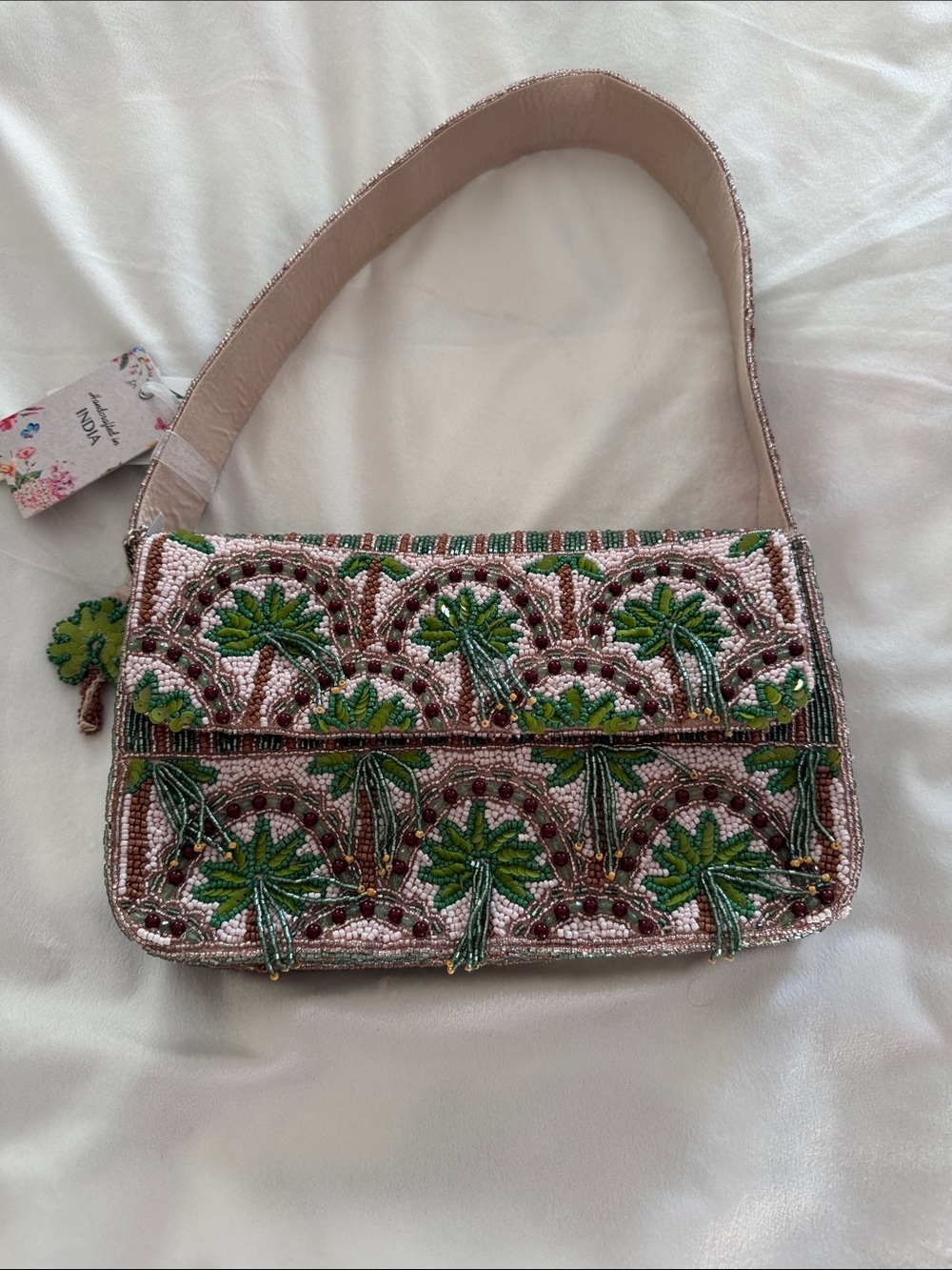 Embroidered Beaded Palm Mini Shoulder Bag - Brown & Green